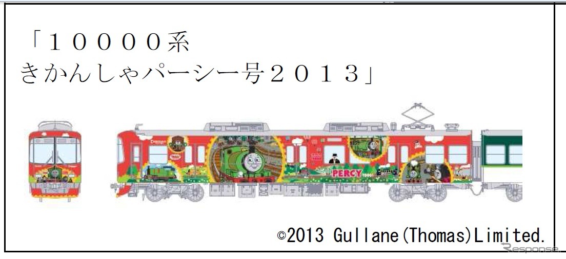 「きかんしゃパーシー号2013」のイメージ。編成両端の2両にラッピングを施す。
