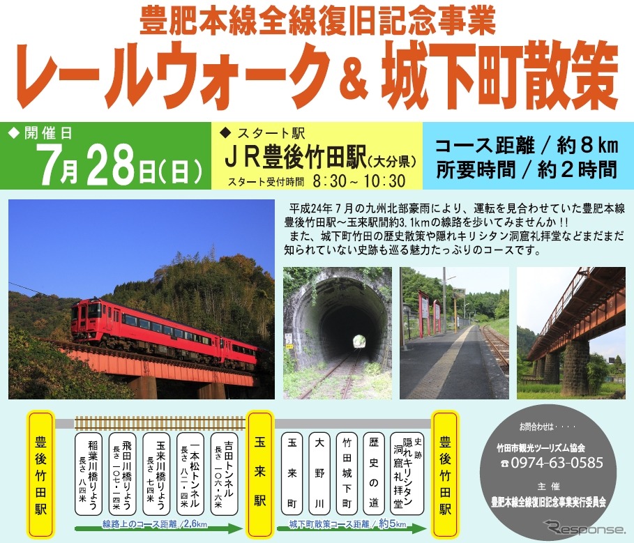 「レールウォーク＆城下町散策」のチラシ。豊後竹田～玉来間で運転再開直前の線路を歩くことができる。