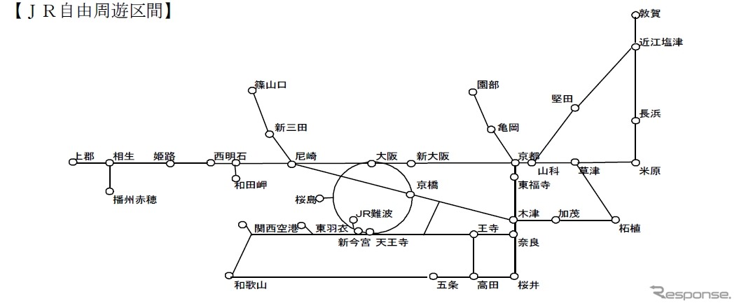 「夏の関西1デイパス」のJR線フリー区間。関西圏の普通列車が1日乗り放題となる。