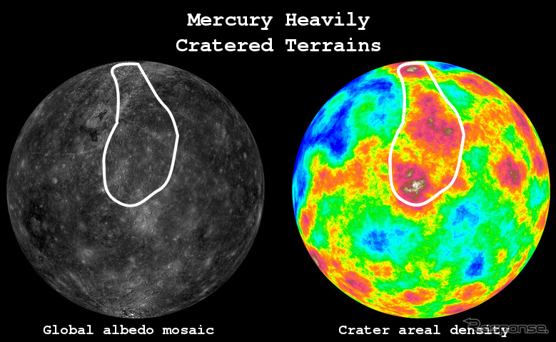 水星のクレーター分布図。右の画像は、25km以上の大きさのクレーターが多く残る数密度マップ。白線で囲まれた部分はクレーターが非常に多く分布する地域で、水星で最も古い表面地形と考えられる。