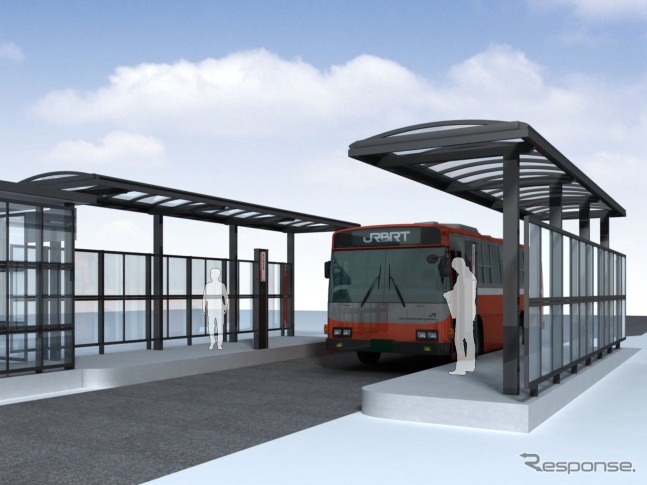 気仙沼線BRTにおける駅のイメージ。今回の専用道拡大で3駅が震災前の鉄道駅に移設される。