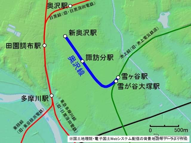 奥沢線の路線図。池上線を運営していた池上電気鉄道が、目黒線や東横線などを運営していた目黒蒲田電鉄の勢力圏に「侵入」するルートで開業したが、わずか7年で廃止された。