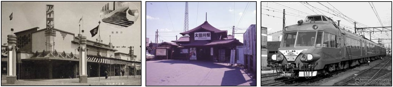 在りし日の常滑線。左から1927年頃の神宮前駅、1971年頃の太田川駅、1979年頃の常滑駅付近を走るパノラマカー。