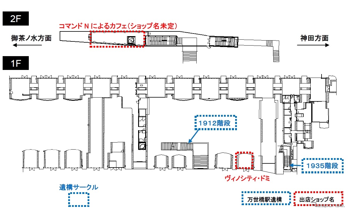 「mAAch ecute 神田万世橋」の平面図。1階のアーチのへこんだ部分に商業施設、2階のホームの遺構に展望テラスを設ける。