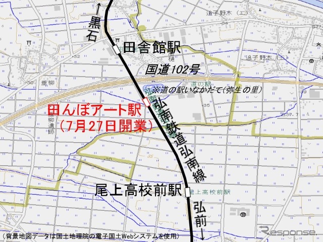 7月27日に開業する田んぼアート駅の位置。道の駅いなかだての西側に設けられる。