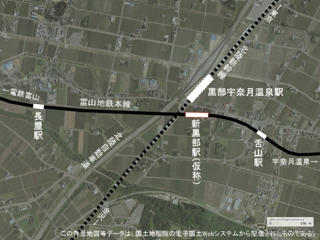 富山地鉄本線の新黒部駅（仮称）。北陸新幹線の黒部宇奈月温泉駅付近に設けられる。