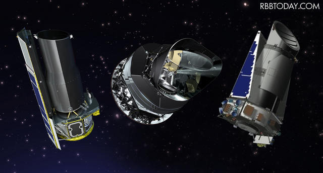 NASAの運用する宇宙望遠鏡。左からスピッツァー、プランク、ケプラー