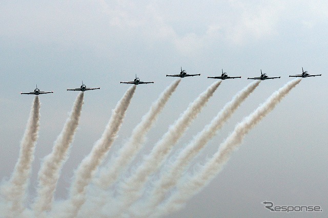 ふくしまスカイパーク上空てフルショーを行ったブライトリング・ジェットチーム。これは2日目（8月8日）のもの。初日とはメニューを若干変えて実施した。