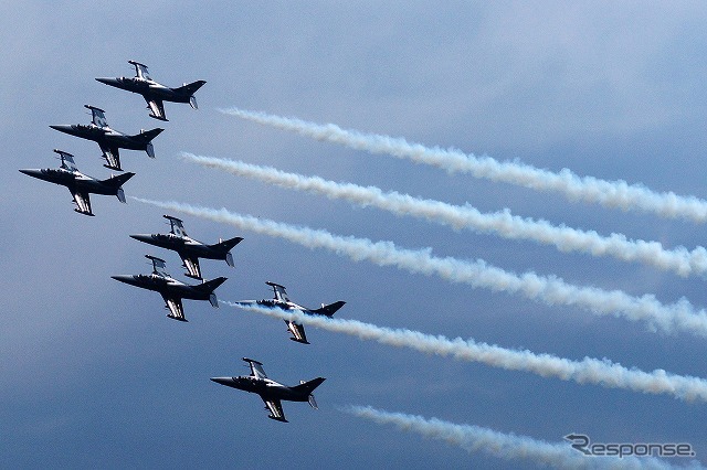 ふくしまスカイパーク上空てフルショーを行ったブライトリング・ジェットチーム。これは2日目（8月8日）のもの。初日とはメニューを若干変えて実施した。