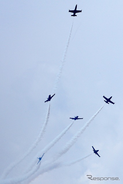ふくしまスカイパーク上空てフルショーを行ったブライトリング・ジェットチーム。これは2日目（8月8日）のもの。初日とはメニューを若干変えて実施した。