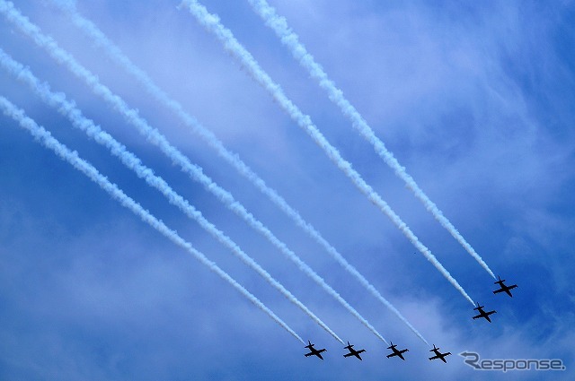ふくしまスカイパーク上空てフルショーを行ったブライトリング・ジェットチーム。これは2日目（8月8日）のもの。初日とはメニューを若干変えて実施した。