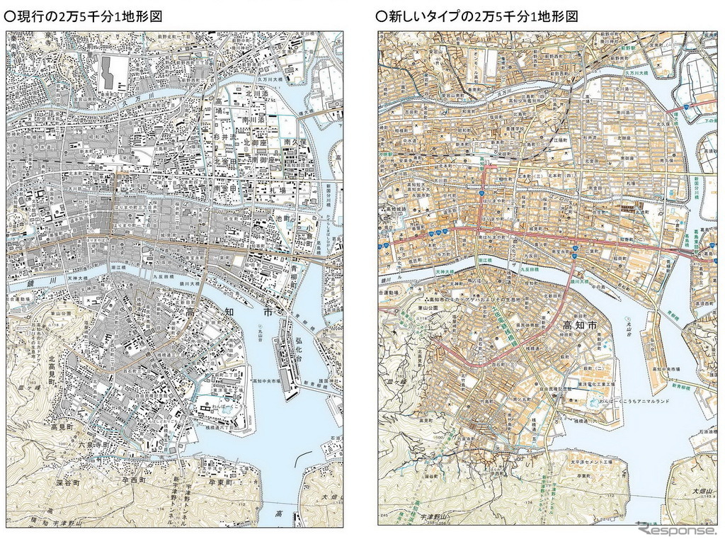 2万5000分1地形図「高知」の新旧比較