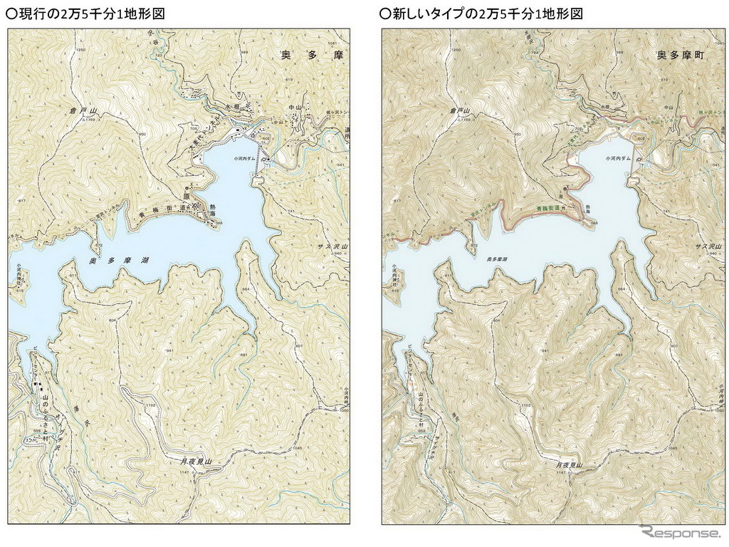 2万5000分1地形図「奥多摩湖」の新旧比較