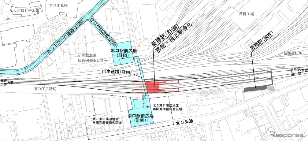 苗穂駅付近の平面図。札幌方へ約300m移転してホーム2面と橋上駅舎を設置する。北側からのアクセスルートも確保される。