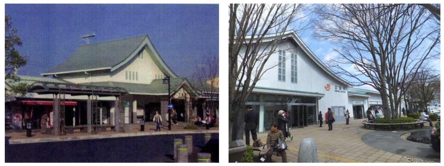 1934年の開業時に設置された南口の旧駅舎（左）と、今回工事が完了した新駅舎（右）。富士山の屋根をイメージしたとされる緩やかなカーブの屋根は新駅舎でも採用された。