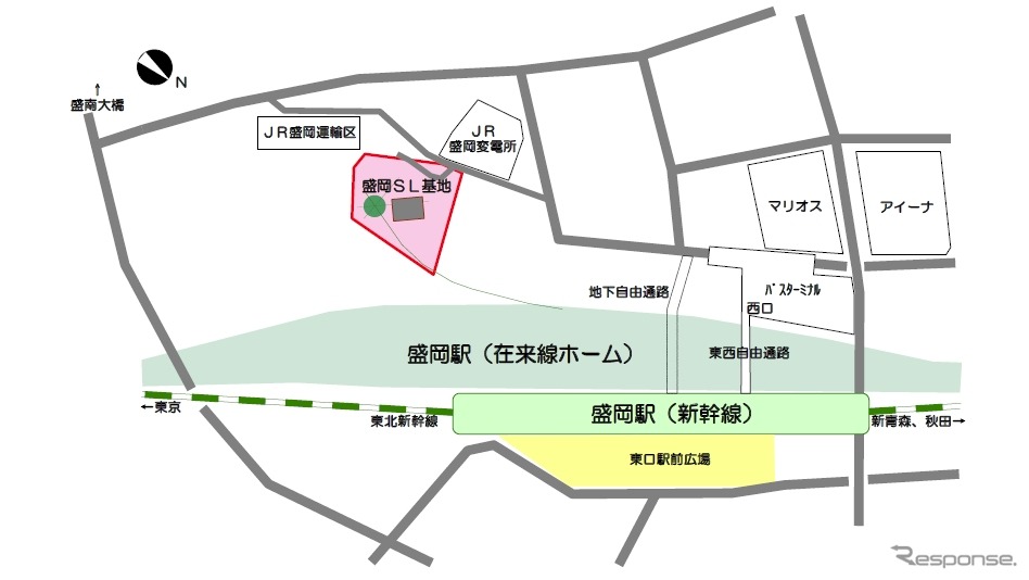 盛岡駅構内西口に建設される「SL車両基地」の位置。在来線ホーム仙台方の南西側に設置される。