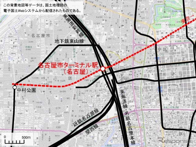 名古屋市ターミナル駅は名古屋駅の地下に設置。その先も異常時等への対応を考慮した引上線が伸びる。