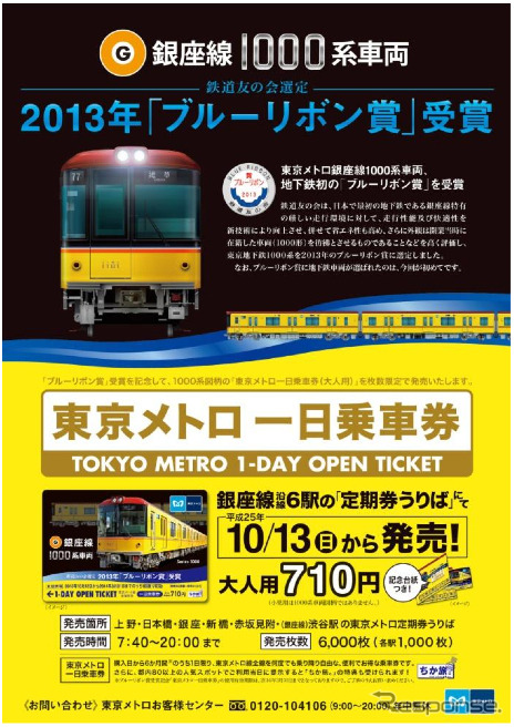 銀座線1000系のブルーリボン賞受賞を記念し、10月13日から発売される記念一日乗車券の告知ポスター（イメージ）