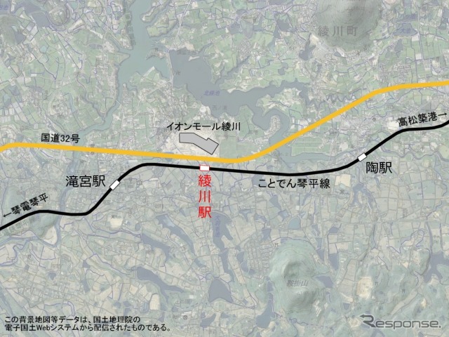 ことでん琴平線陶～滝宮間に設置される綾川駅の位置。イオンモール綾川に近い。12月15日に開業する。