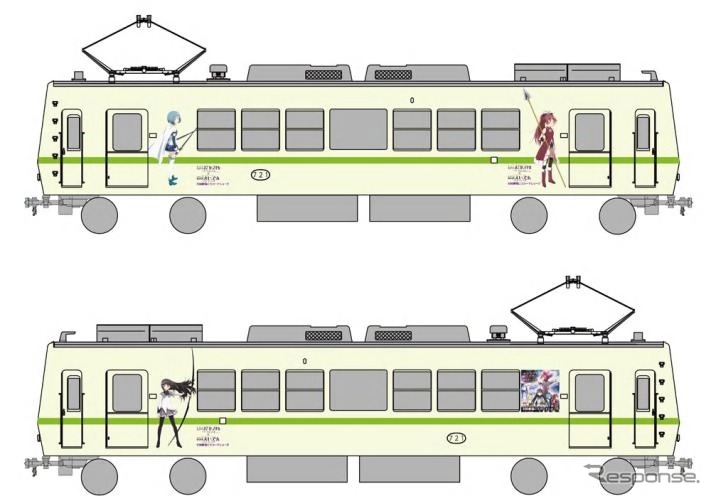 11月2日から運用に入る「まどか☆マギカ」ラッピング車両の第2デザイン（723号）。11月3日に予定されている八瀬比叡山口駅での展示は当初の予定より1時間拡大することになった。