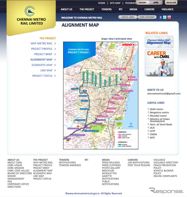 インド南部・チェンナイのメトロ公式サイトに掲載された路線図