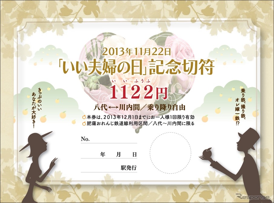 「『いい夫婦の日』記念切符」のデザイン。通常の1日フリー乗車券の半額以下で肥薩おれんじ鉄道線を1日利用できる。