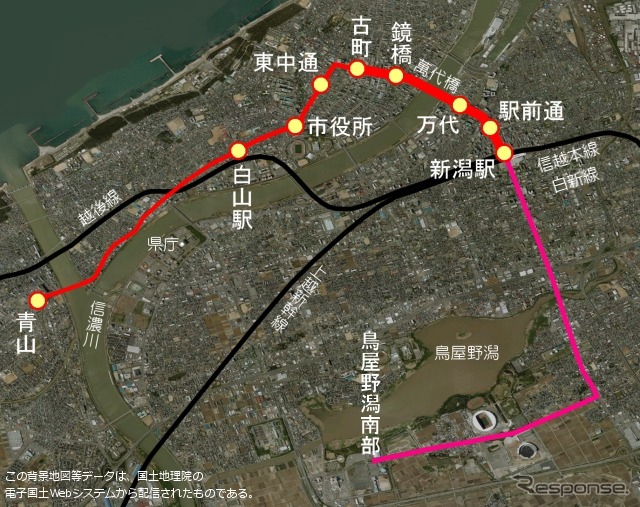 新潟市のBRT導入計画ルート。新潟駅～古町～白山駅～青山間が第1期ルートで、このうち新潟駅～古町間のみバス専用車線を設ける。新潟駅～鳥屋野潟南部間の第2期ルート整備時にはLRTへの転換も想定されている。