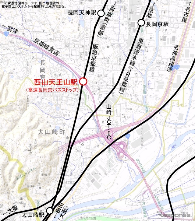 西山天王山駅・高速長岡京バスストップの位置。12月21日に開業する予定。