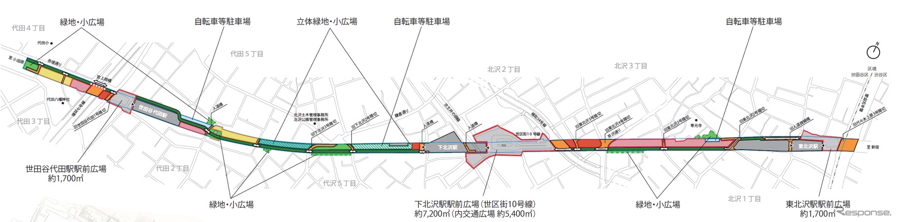 ゾーニング構想の平面図。災害発生時には緊急車両も走行できる通路などを整備する。