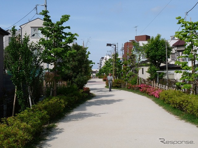 地下化によって捻出された線路跡地には遊歩道などが整備されることが多い。写真は東急目黒線の地上線跡地を活用した遊歩道。