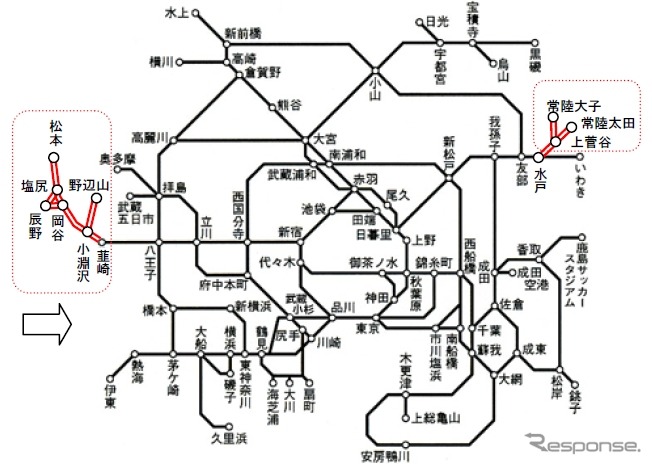 東京近郊区間は中央本線方面と水郡線方面を追加する。
