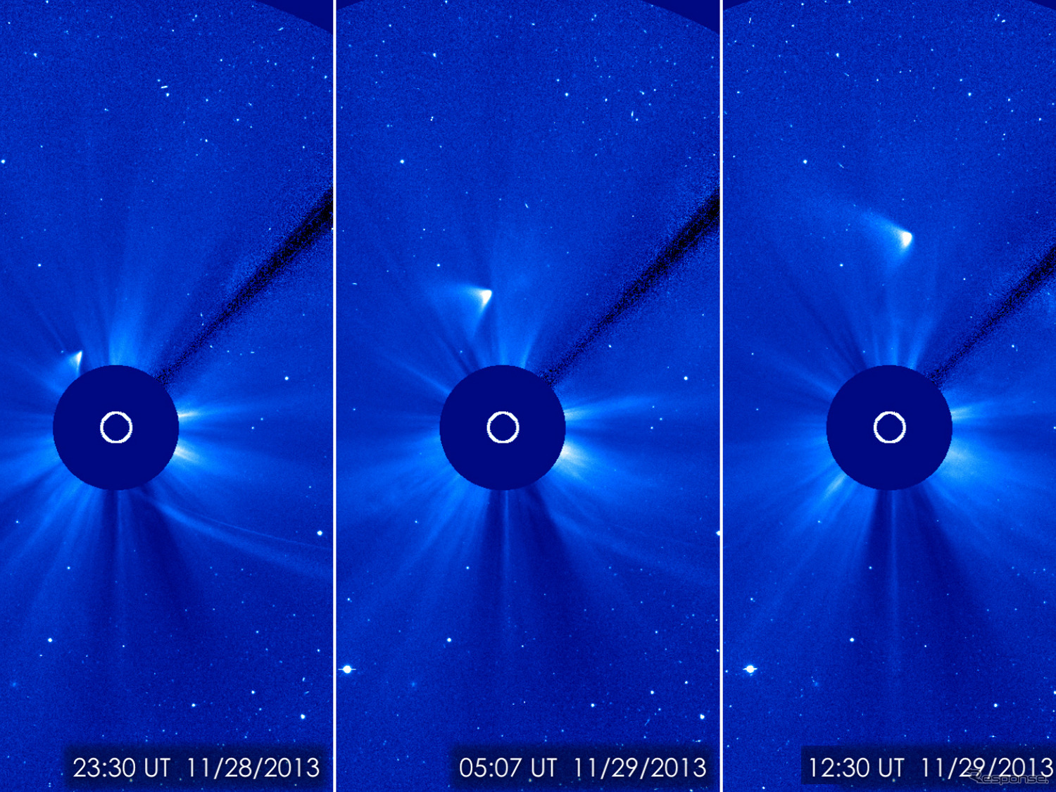 ESA／NASAの太陽圏観測所からの画像では、太陽を通過後、小さな核が無傷であることを確認した