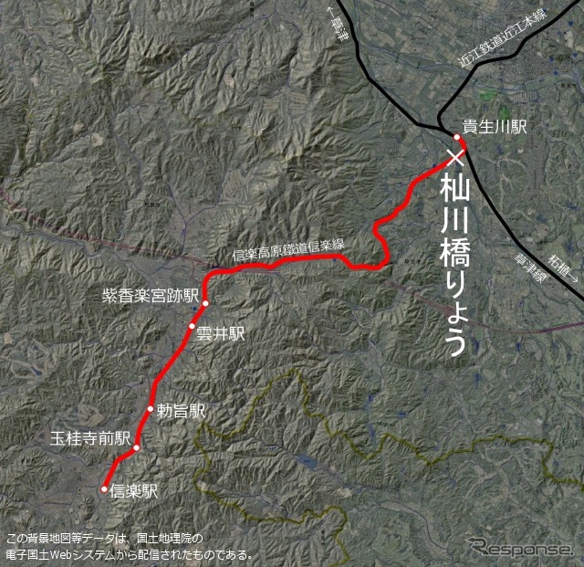 信楽高原鐵道の路線図。起点の貴生川駅のすぐ近くにある杣川橋りょうの橋桁が流失し、全線運休中。