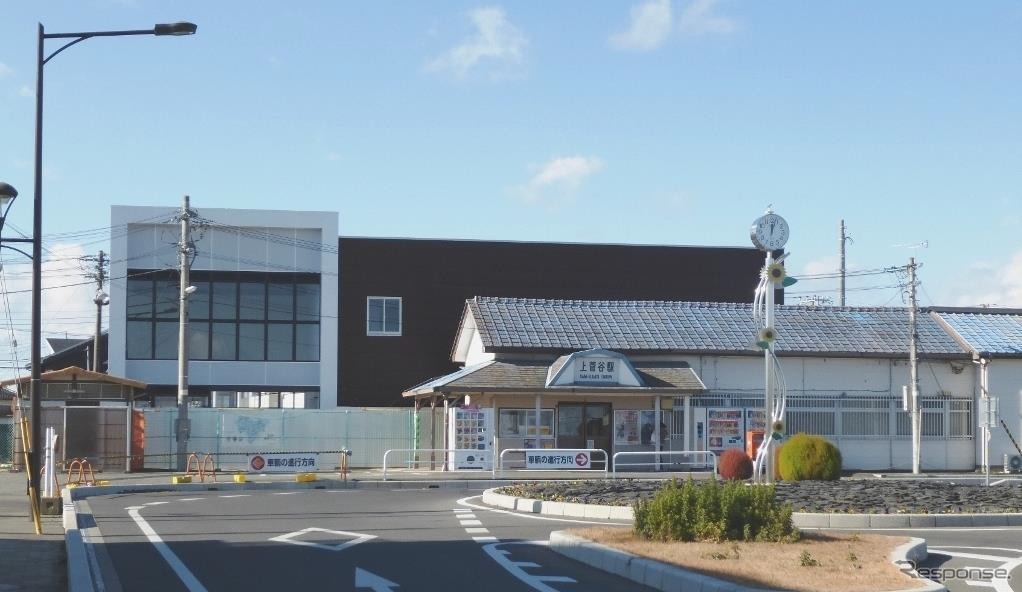 現在の下菅谷駅。手前の旧駅舎は2014年3月に解体される予定だ。