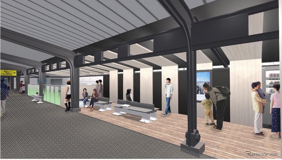 森ノ宮駅1番線ホーム（大阪方）のリニューアル・イメージ。コミュニケーション・スペースとして活用することが考えられている。