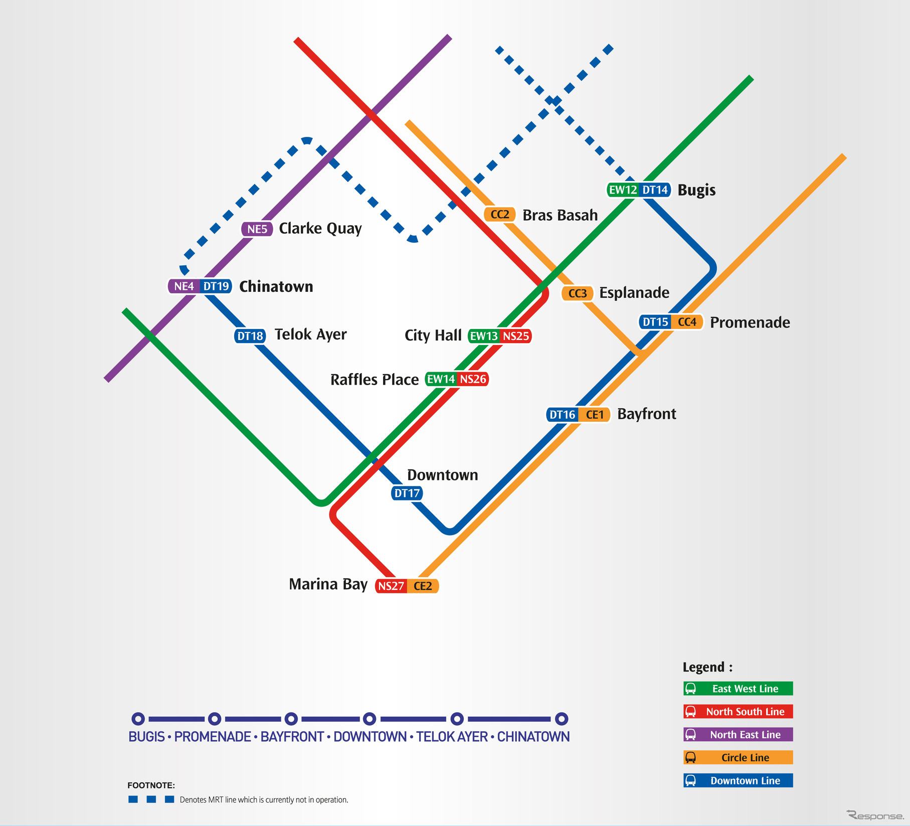 シンガポールMRT・ダウンタウン線の第1期区間を示す路線図。青ラインがダウンタウン線