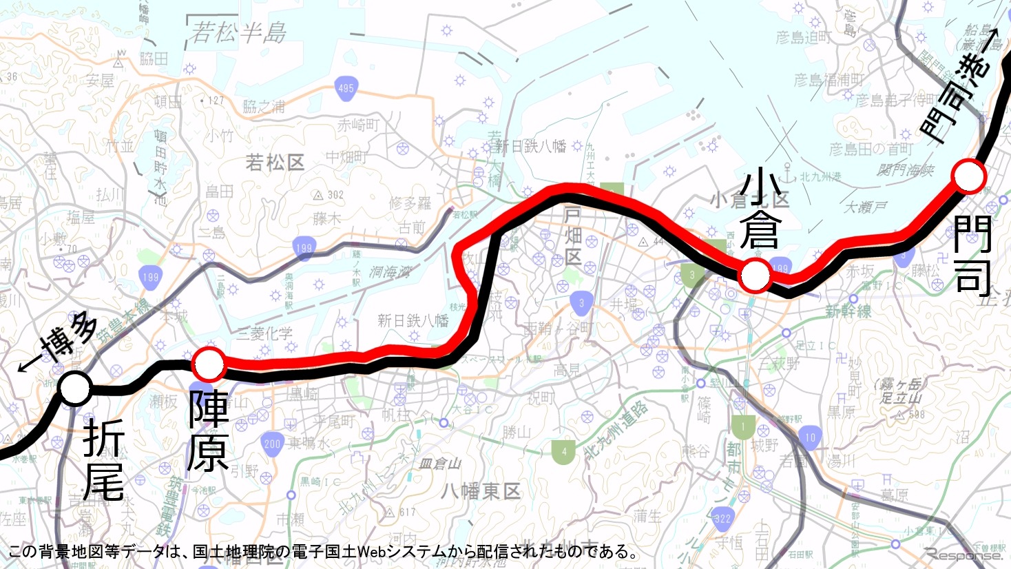 2014年1月の貨物線ツアーでは、鹿児島本線の陣原～門司間で貨物線（赤）を走る。