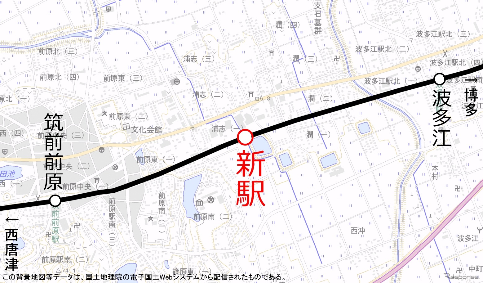 新駅の設置位置。波多江・筑前前原両駅の中間に設ける。