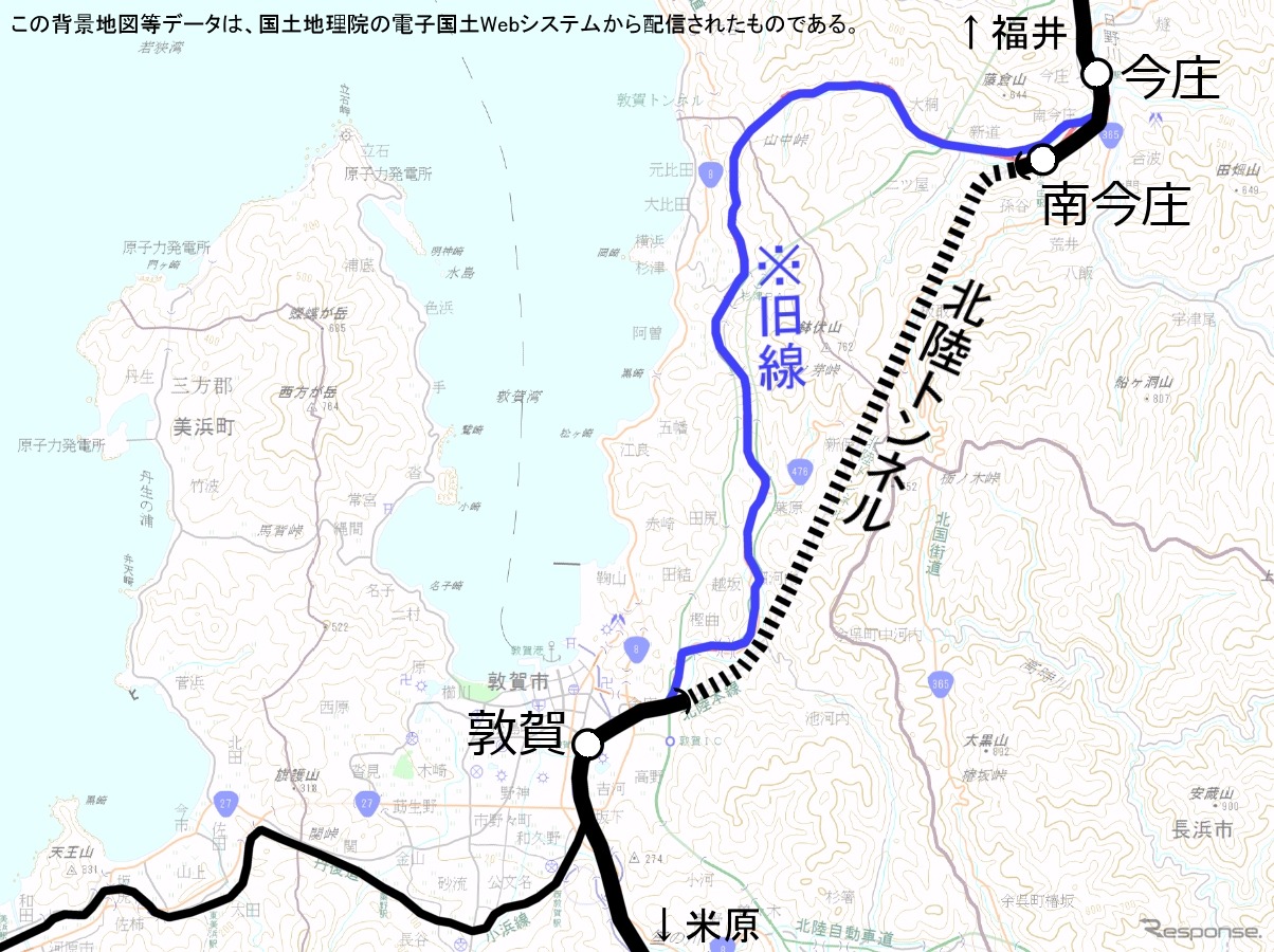 北陸トンネルの位置。急勾配の旧線を直線状の長大トンネルに置き換える形で建設された。