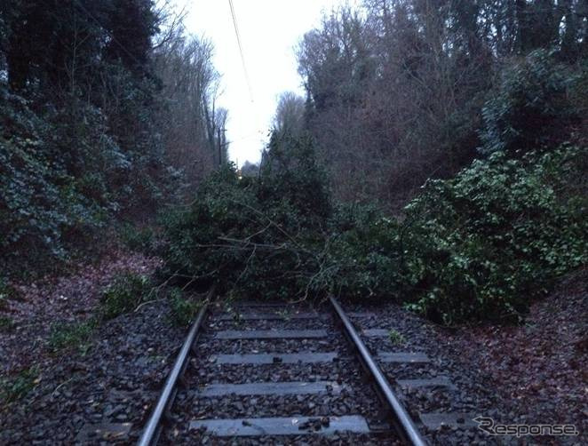 英ネットワーク・レールが発表した12月～1月の列車定時運行率は前年と比べ低下。嵐の影響で各地の鉄道に被害が発生したことが影響した。写真はクリスマスイブに倒木で塞がれた線路