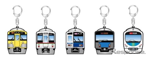 キーホルダーは5種類の電車を模したもの。左から新2000系・4000系・6000系・20000系・30000系