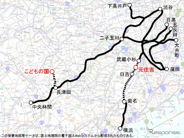 東急線の運休区間（点線・2月15日21時時点）。東横線渋谷～武蔵小杉間は19時前に運転を再開した。16日は初列車から全線で運転を再開している。