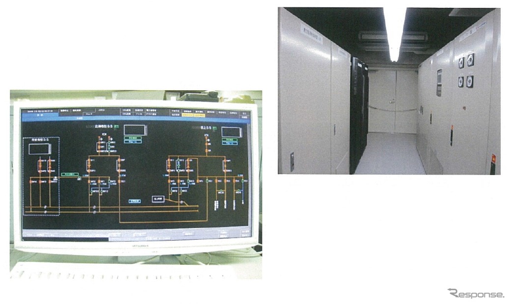 総合指令所の運行表示板（左）と指令所機器室（右）。各種システムの2重化により保安度を向上したという。
