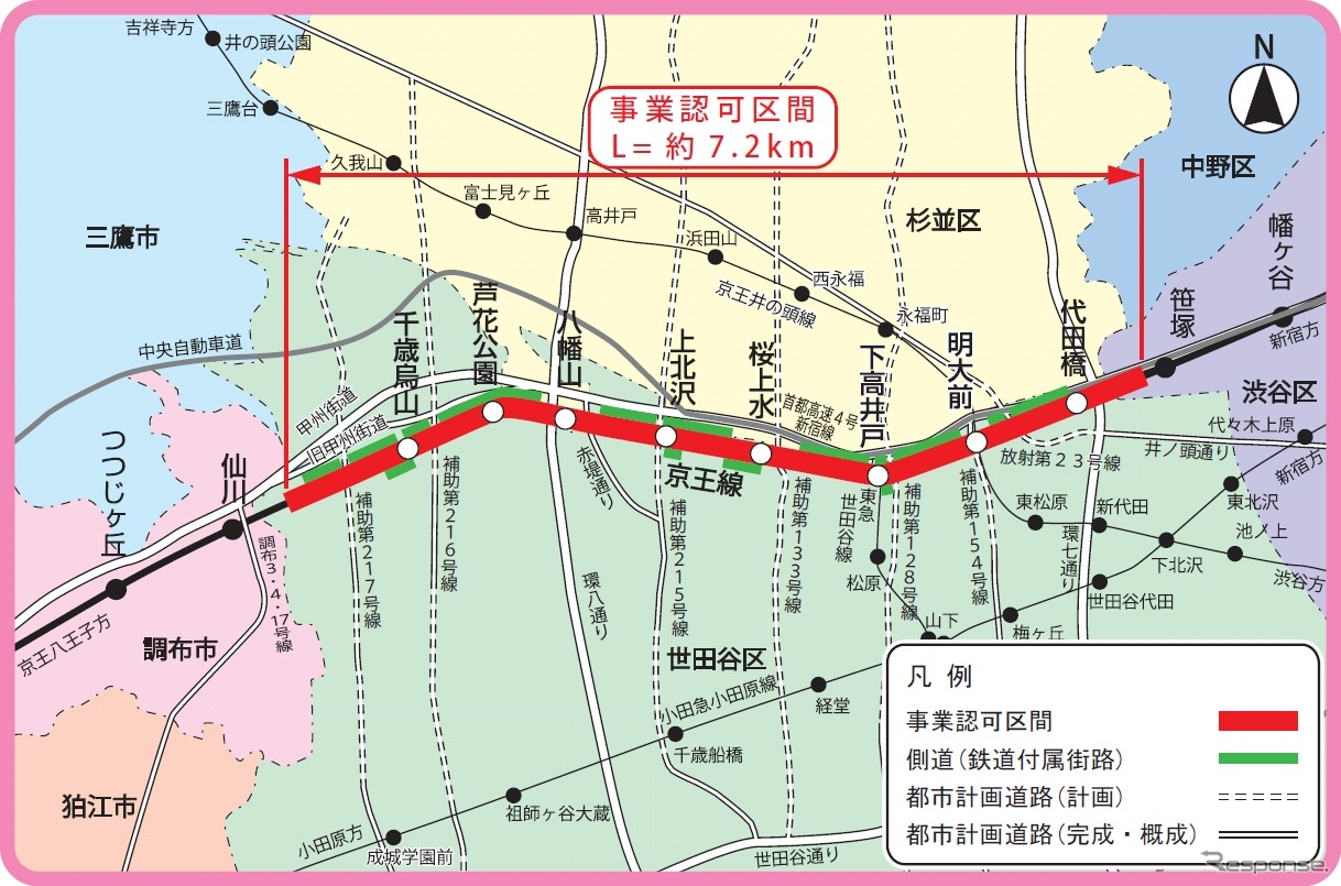 京王線の平面図。笹塚駅付近から仙川駅付近までの約7.2kmを高架化し、25カ所の踏切を解消する。