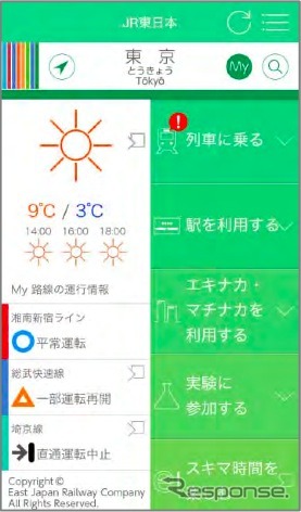 JR東日本が3月10日からサービスを開始する「JR東日本アプリ」の画面イメージ。画像はトップページの画面