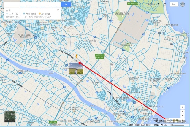 Googleマップ上で湊線の線路を表示し、ペグマンを線路上にかざすと湊線のストリートビューを見ることができる。