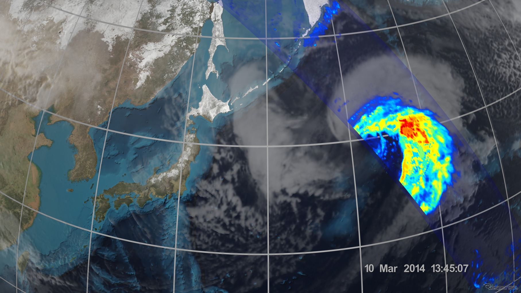 同じく3月10日、GPM主衛星搭載のGMIが3月10日に日本付近の温帯低気圧を観測した画像。左上のブルーで示された部分に降雪を示す部分がある。