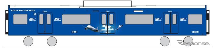 「ANA特別塗装」が施される600形「KEIKYU BLUE SKY TRAIN」のイメージ（中間車）。三崎口～成田空港間で運用される。