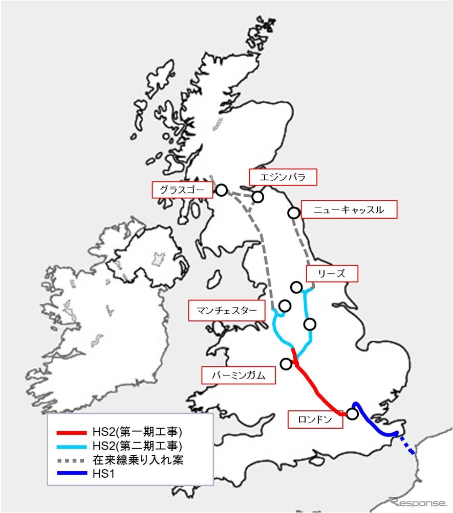 英国HS2の路線図。まず2026年に第1期区間のロンドン～マンチェスター間が開業する予定。JR東日本はHS2社とコンサルティング契約を締結し、広範囲のコンサルティングを行っている。