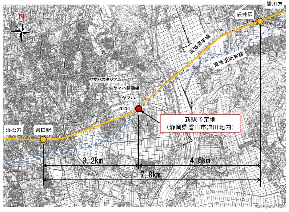 新駅の予定地。近くにはNTNやヤマハ発動機の工場、ヤマハスタジアムがある。開業は2019年度末の予定。